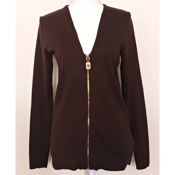 Michael Kors Brown Cotton Angora Full Zip V Neck Sweater Gold Logo Charm Sz S - Picture 4 of 6